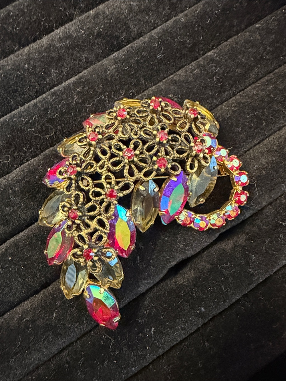 MCM Floral Filagree Brooch with Ruby Red AB Stones